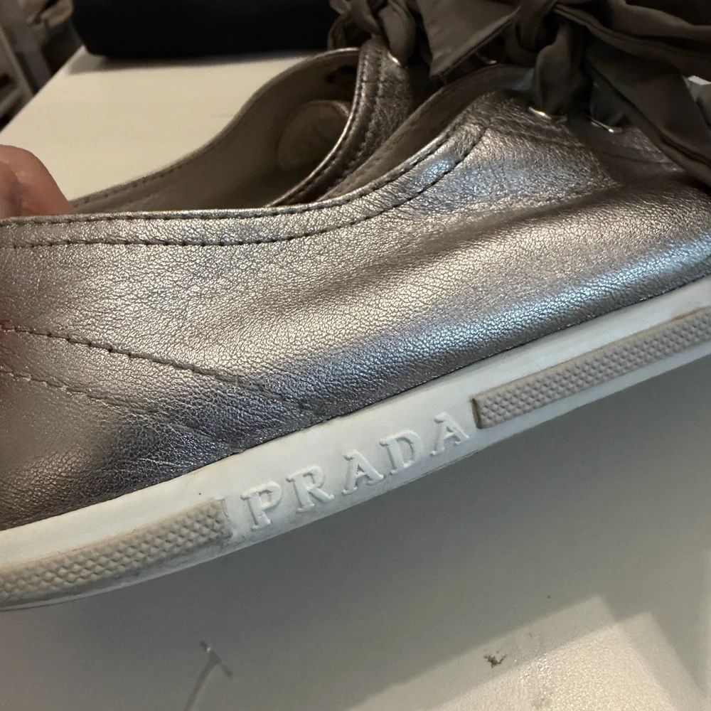Prada Women's Metallic Silver Lace Up  Sneakers - Picture 4 of 10